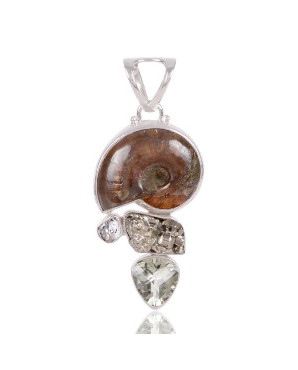 Natural fossile multi Gemstone Sterling Silver Statement Pendant | Jewels Artisan
