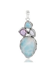 Natural Larimar Sky Blue Topaz And Amethyst Gemstone Sterling Silver Statement Pendant | Jewels Artisan
