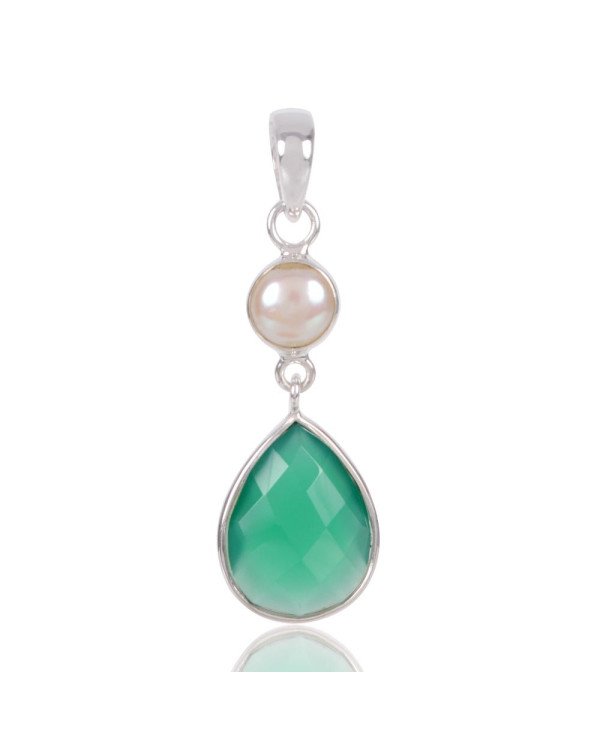 Natural Green Onyx And Pearl Gemstone Sterling Silver Statement Pendant | Jewels Artisan