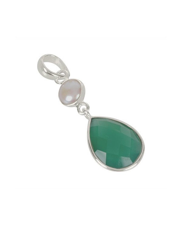 Natural Green Onyx And Pearl Gemstone Sterling Silver Statement Pendant | Jewels Artisan