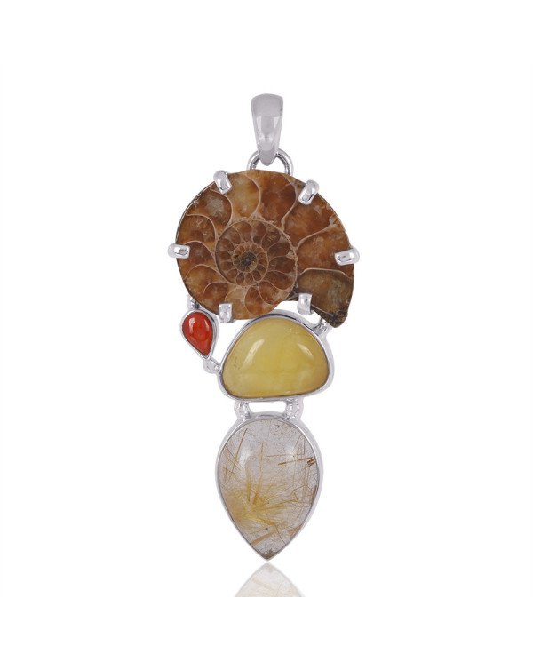 Natural Amber Coral Medagasker Ammonite And Rutilated Quartz Gemstone Sterling Silver Pendant | Jewels Artisan