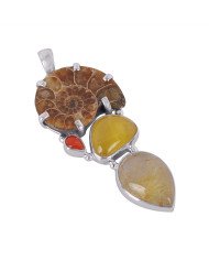 Natural Amber Coral Medagasker Ammonite And Rutilated Quartz Gemstone Sterling Silver Pendant | Jewels Artisan
