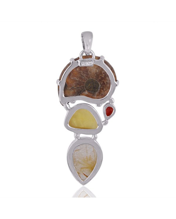 Natural Amber Coral Medagasker Ammonite And Rutilated Quartz Gemstone Sterling Silver Pendant | Jewels Artisan