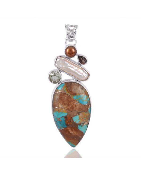 Natural Boulder Turquoise Color Pearl Green multi Gemstone Sterling Silver Pendant | Jewels Artisan