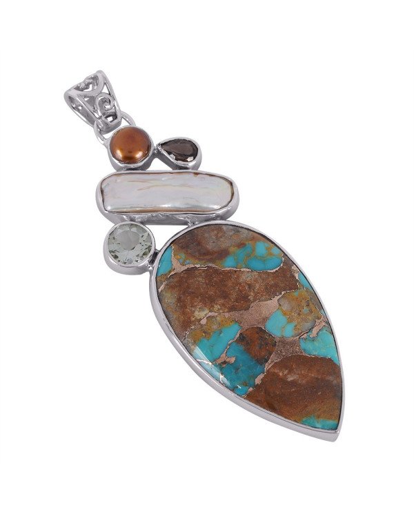 Natural Boulder Turquoise Color Pearl Green multi Gemstone Sterling Silver Pendant | Jewels Artisan
