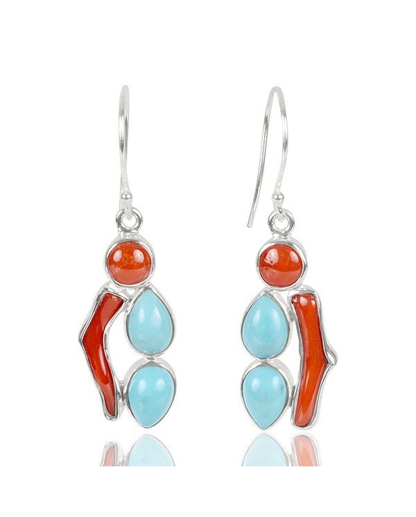 Natural Arizona Torquoise Coral And Coral Stick Gemstone 925 Sterling Silver Drop & Dangle Earring| Jewels Artisan