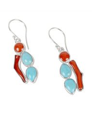 Natural Arizona Torquoise Coral And Coral Stick Gemstone 925 Sterling Silver Drop & Dangle Earring| Jewels Artisan