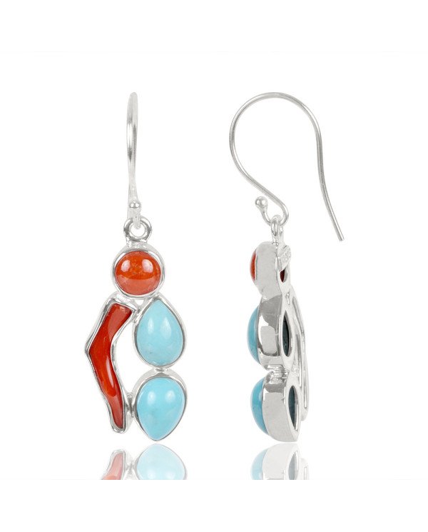 Natural Arizona Torquoise Coral And Coral Stick Gemstone 925 Sterling Silver Drop & Dangle Earring| Jewels Artisan