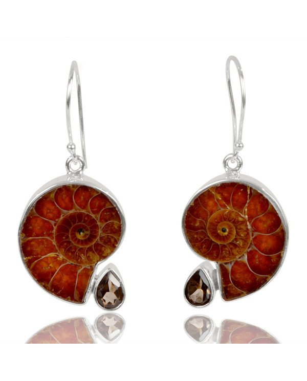 Natural Smoky Quartz With Medagasker Ammonite Gemstone 925 Sterling Silver Drop & Dangle Earring| Jewels Artisan