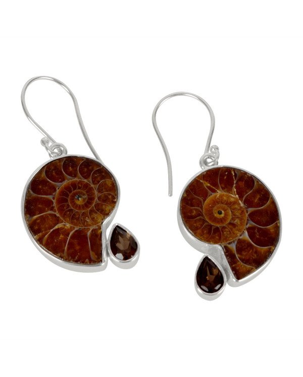 Natural Smoky Quartz With Medagasker Ammonite Gemstone 925 Sterling Silver Drop & Dangle Earring| Jewels Artisan
