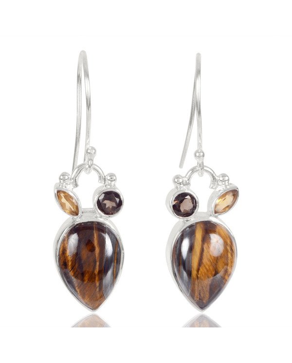 Natural Tiger Eye Smoky Quartz With Citrine Gemstone 925 Sterling Silver Drop & Dangle Earring| Jewels Artisan