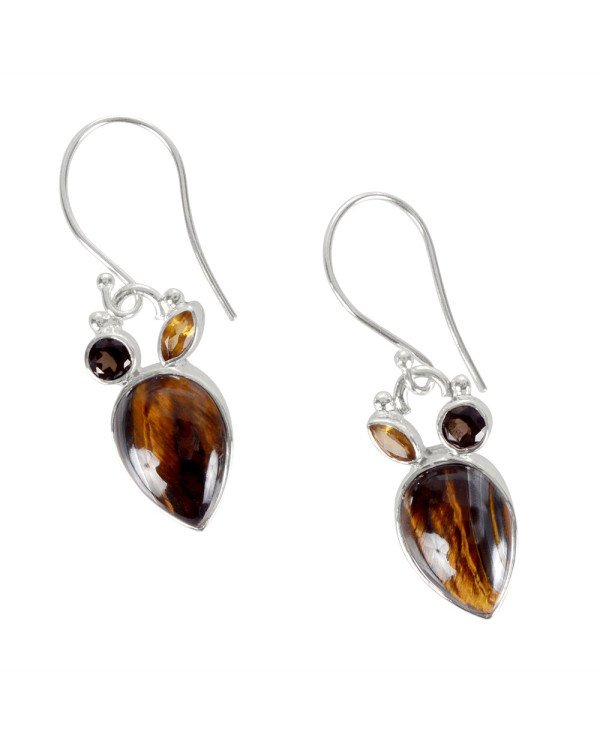 Natural Tiger Eye Smoky Quartz With Citrine Gemstone 925 Sterling Silver Drop & Dangle Earring| Jewels Artisan