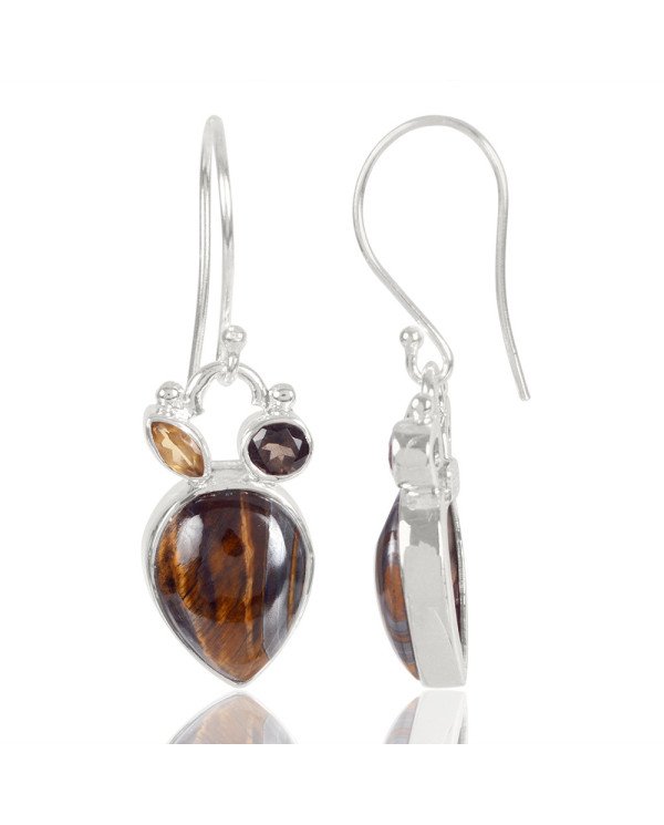 Natural Tiger Eye Smoky Quartz With Citrine Gemstone 925 Sterling Silver Drop & Dangle Earring| Jewels Artisan