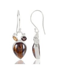 Natural Tiger Eye Smoky Quartz With Citrine Gemstone 925 Sterling Silver Drop & Dangle Earring| Jewels Artisan