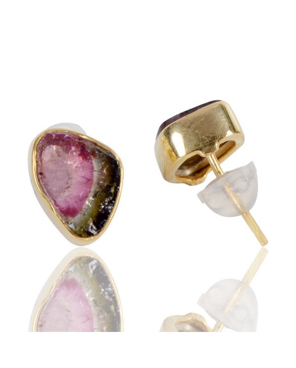 Natural Tourmaline Slice Gemstone 925 Sterling Silver Stud Earring| Jewels Artisan