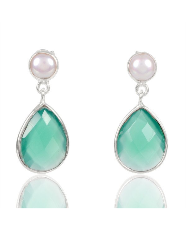 Natural Green Onyx With Pearl Gemstone 925 Sterling Silver Dangle  Earring| Jewels Artisan