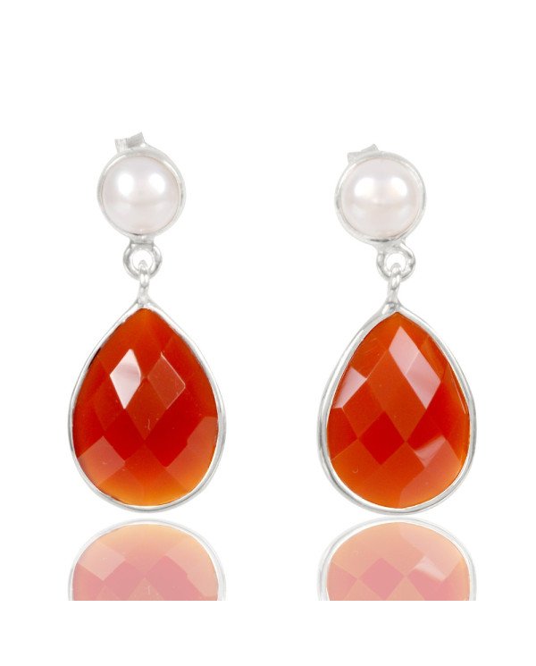 Natural Red Onyx With Pearl Gemstone 925 Sterling Silver Dangle  Earring| Jewels Artisan