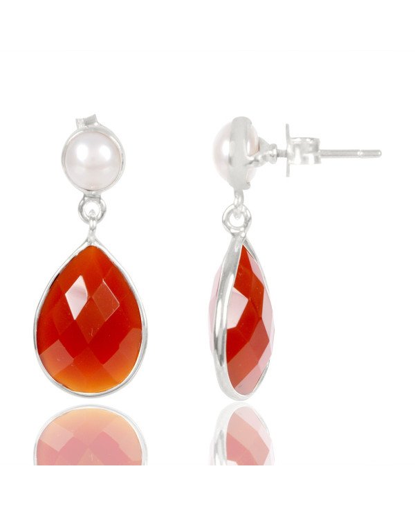 Natural Red Onyx With Pearl Gemstone 925 Sterling Silver Dangle  Earring| Jewels Artisan