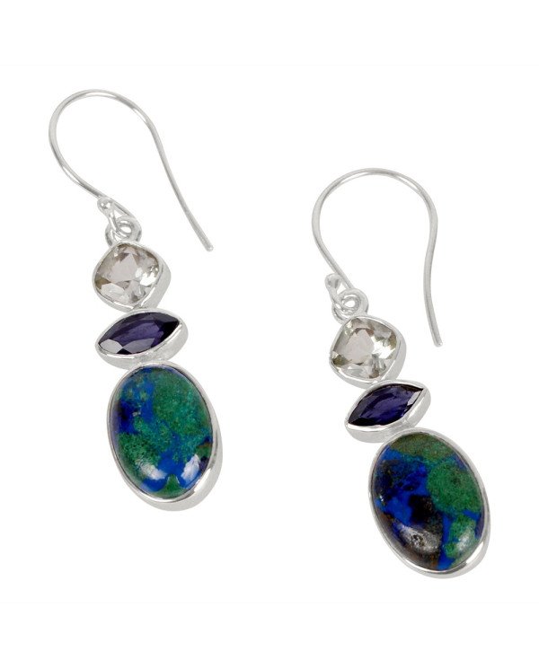 Natural Azurite Malachite Iolite And Green Amethyst Gemstone 925 Sterling Silver Dangle  Earring| Jewels Artisan