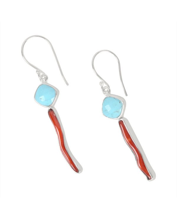 Natural Arizona Turquoise With Coral Stick Gemstone 925 Sterling Silver Earring| Jewels Artisan