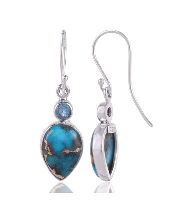 Natural Blue Copper Turquoise And Swiss Blue Topaz Gemstone Sterling Silver Earring | Jewels Artisan