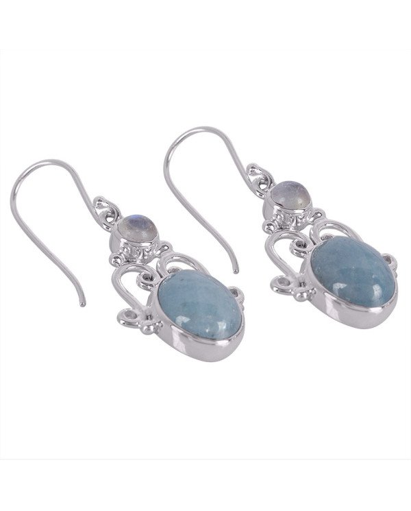 Natural Aquamarine And Rainbow Moonstone Gemstone 925 Sterling Silver Earring| Jewels Artisan