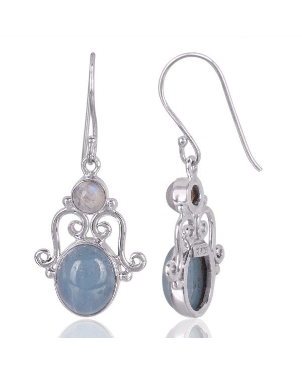 Natural Aquamarine And Rainbow Moonstone Gemstone 925 Sterling Silver Earring| Jewels Artisan