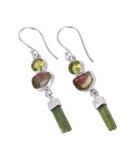 Natural Peridot And Tourmaline Slice Gemstone 925 Sterling Silver Cluster Earring| Jewels Artisan