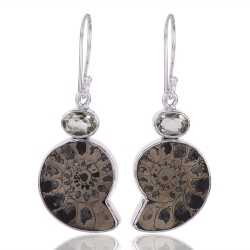 Natural Green Amethyst And Pyarite Ammonite Gemstone 925 Sterling Silver Cluster Earring| Jewels Artisan