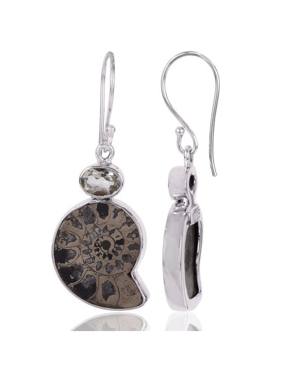 Natural Green Amethyst And Pyarite Ammonite Gemstone 925 Sterling Silver Cluster Earring| Jewels Artisan