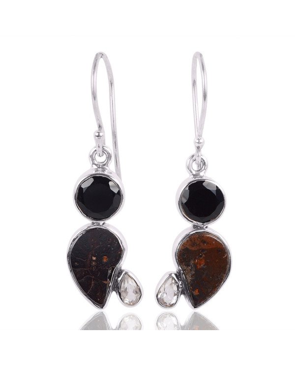 Natural Black Onyx Crystal And Hematite Ammonite Gemstone 925 Sterling Silver Cluster Earring| Jewels Artisan
