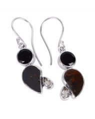 Natural Black Onyx Crystal And Hematite Ammonite Gemstone 925 Sterling Silver Cluster Earring| Jewels Artisan