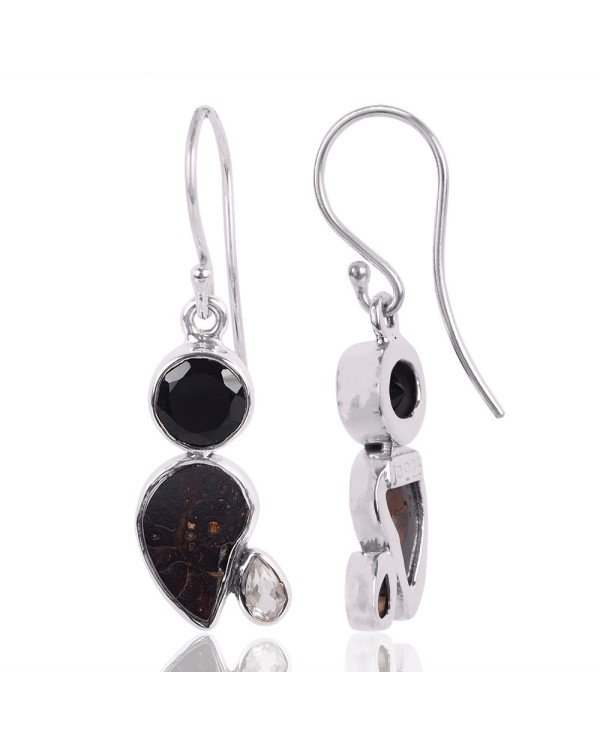 Natural Black Onyx Crystal And Hematite Ammonite Gemstone 925 Sterling Silver Cluster Earring| Jewels Artisan