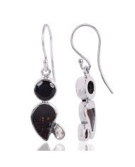 Natural Black Onyx Crystal And Hematite Ammonite Gemstone 925 Sterling Silver Cluster Earring| Jewels Artisan