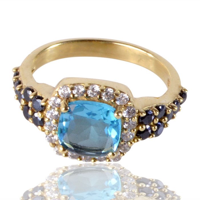 Sky Blue Swarovski Glass Yellow Gold Plated Fashion Ring| Jewels Artisan