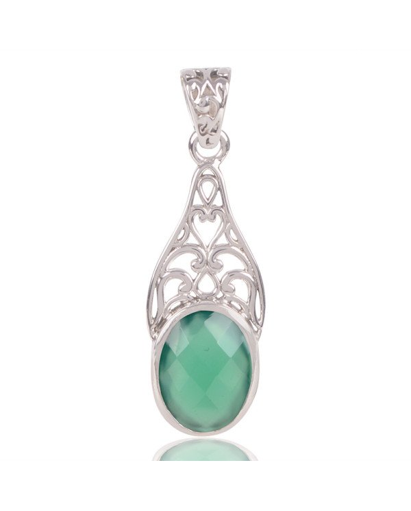 Natural Green Onyx Gemstone 925 Sterling Silver Cluster Pendant| Jewels Artisan