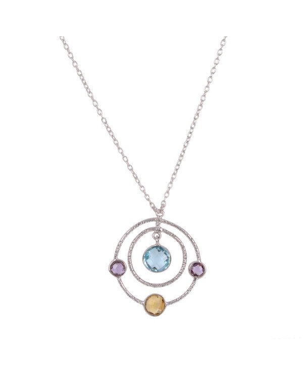 Natural Amethyst Citrine And Sky Blue Topaz Gemstone 925 Sterling Silver Cluster Pendant| Jewels Artisan