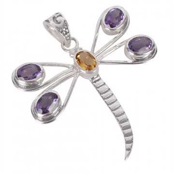 Natural Amethyst And Citrine Gemstone 925 Sterling Silver Butterfly Pendant| Jewels Artisan