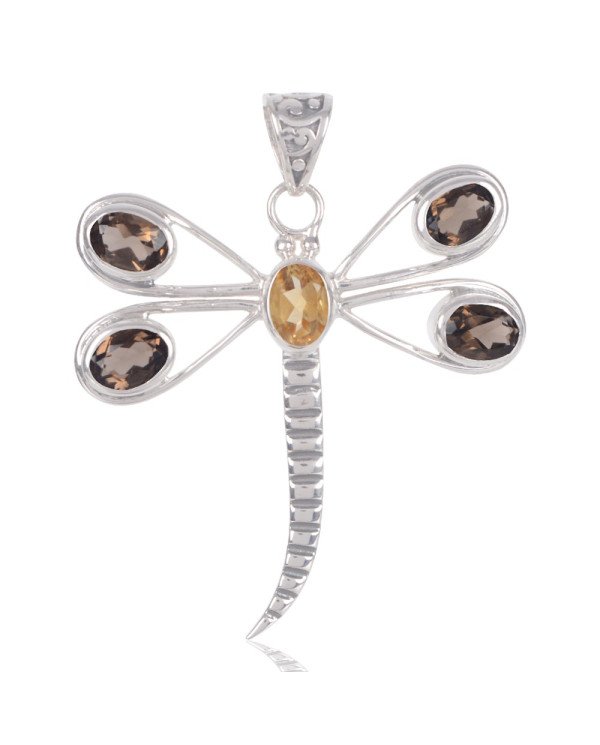 Natural Smoky Quartz And Citrine Gemstone 925 Sterling Silver Butterfly Pendant| Jewels Artisan