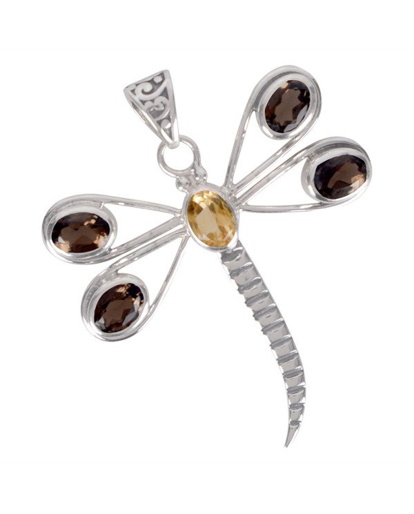Natural Smoky Quartz And Citrine Gemstone 925 Sterling Silver Butterfly Pendant| Jewels Artisan