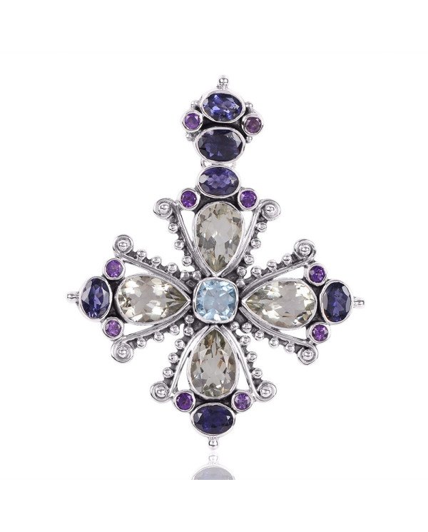 Natural Green Amethyst Iolite And Sky Blue topaz Gemstone 925 Sterling Silver Pendant| Jewels Artisan