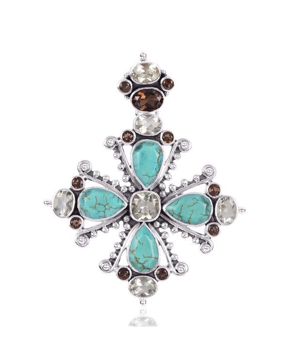 Natural Smoky Quartz Green Amethyst And Tibetan Turquoise Gemstone 925 Sterling Silver Locket Pendant| Jewels Artisan