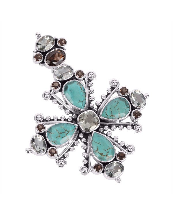 Natural Smoky Quartz Green Amethyst And Tibetan Turquoise Gemstone 925 Sterling Silver Locket Pendant| Jewels Artisan