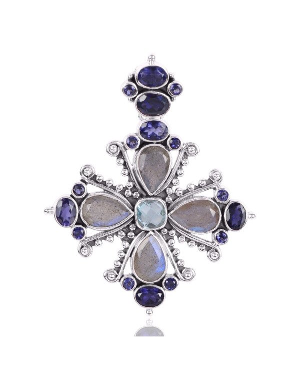 Natural Labradorite Iolite And Sky Blue Topaz Gemstone 925 Sterling Silver Statement Pendant| Jewels Artisan