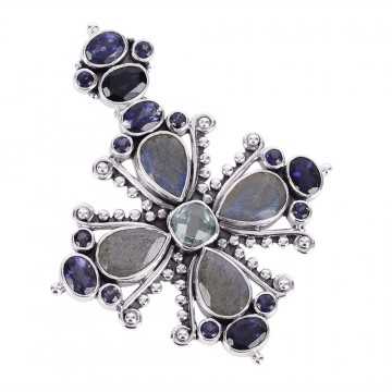 Natural Labradorite Iolite And Sky Blue Topaz Gemstone 925 Sterling Silver Statement Pendant| Jewels Artisan