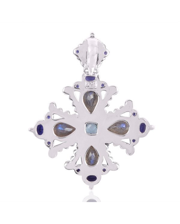 Natural Labradorite Iolite And Sky Blue Topaz Gemstone 925 Sterling Silver Statement Pendant| Jewels Artisan