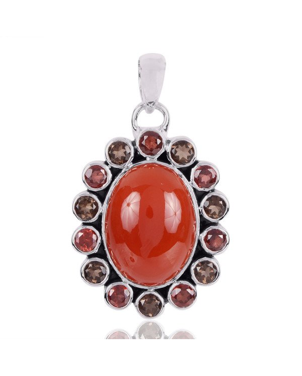 Natural Garnet Red Onyx And Smoky Quartz Gemstone 925 Sterling Silver Pendant| Jewels Artisan