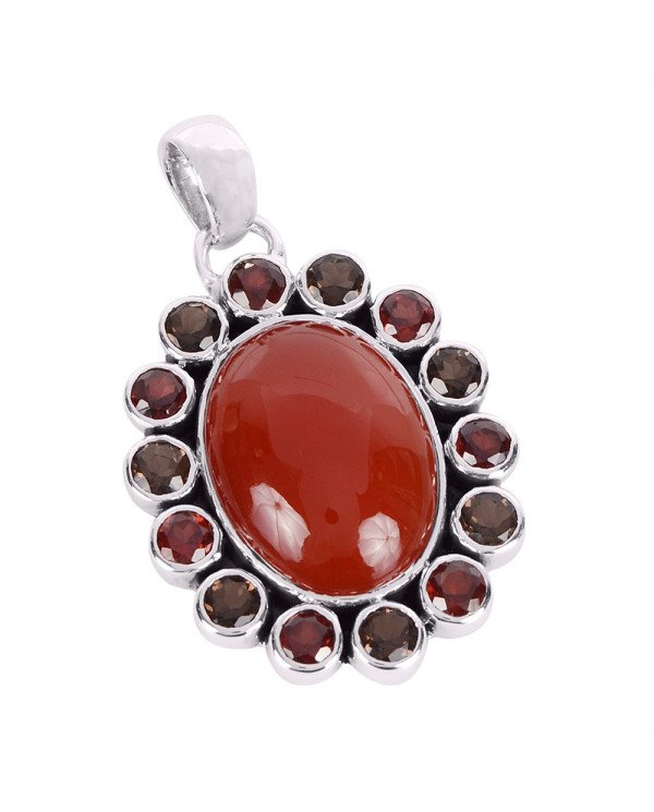 Natural Garnet Red Onyx And Smoky Quartz Gemstone 925 Sterling Silver Pendant| Jewels Artisan