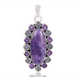 Natural Charoite Labradorite And Amethyst  Gemstone 925 Sterling Silver Pendant| Jewels Artisan