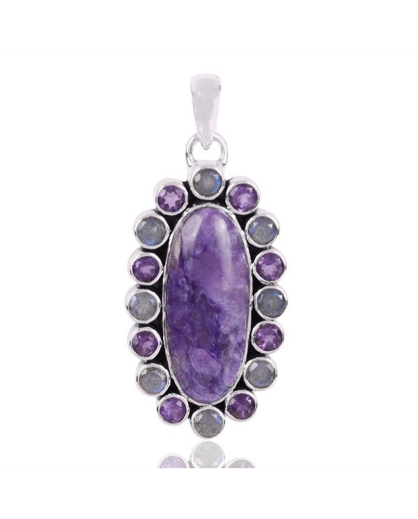 Natural Charoite Labradorite And Amethyst  Gemstone 925 Sterling Silver Pendant| Jewels Artisan